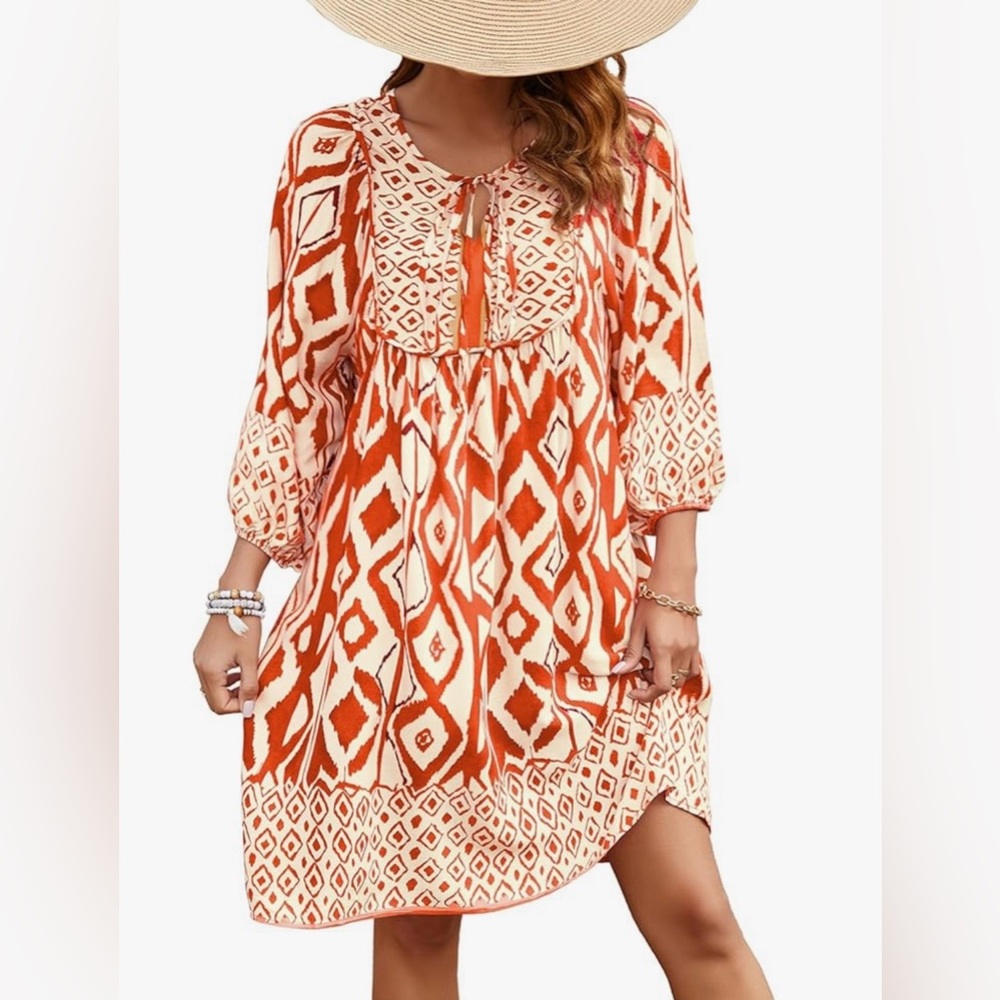 Boho Orange Patterned Peasant Dress